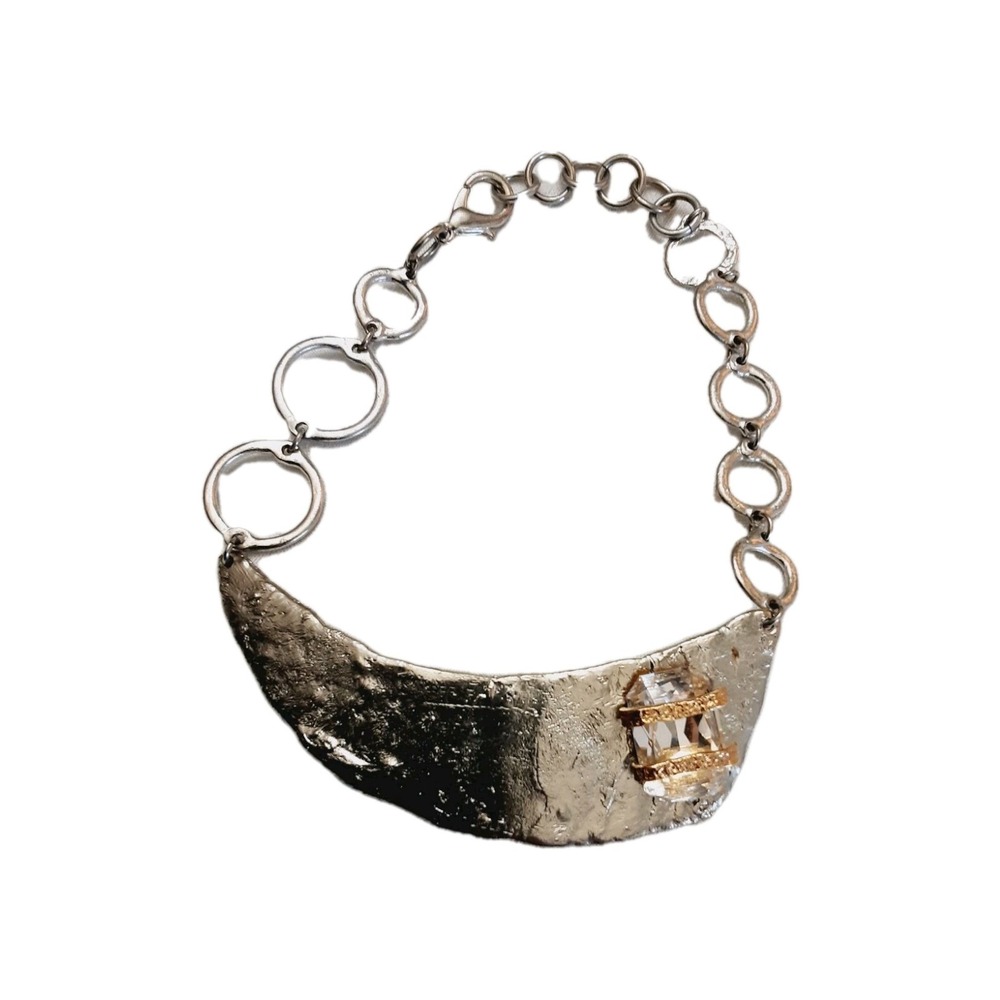 J Jansen Necklace Statement Modernist Brutalist Silver Gold Tone Big Crystal